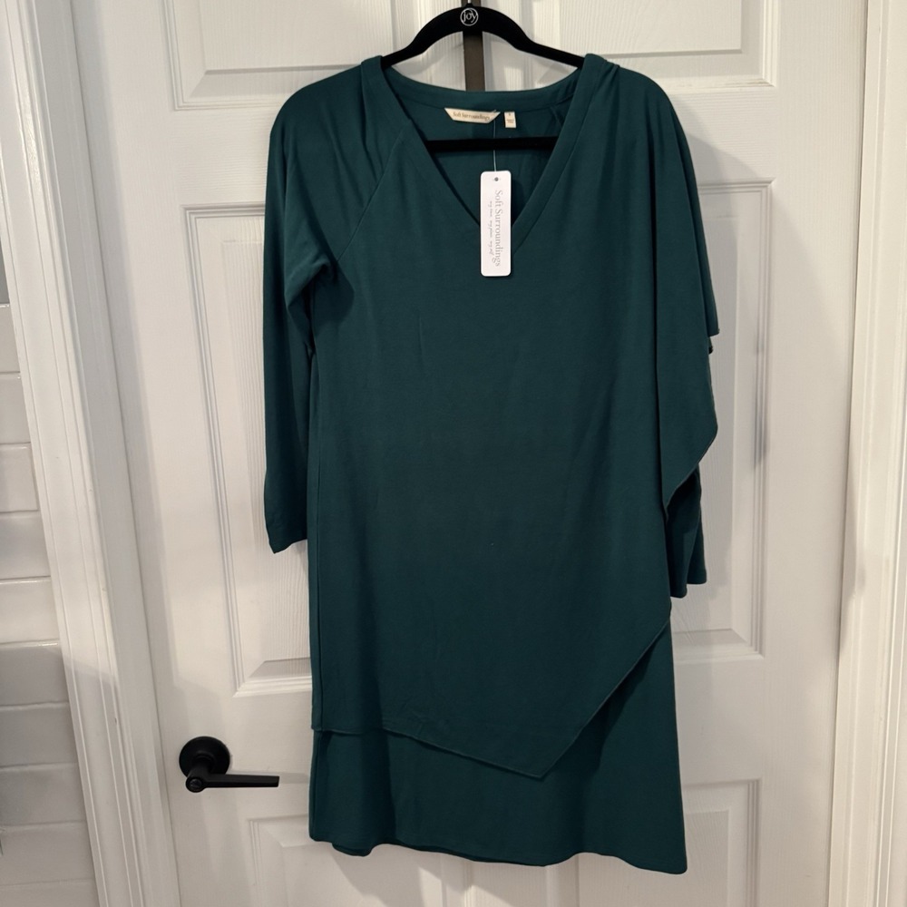 Soft Surroundings Marla Dress Size S jewel Green NEW asymmetrical shoulder drape